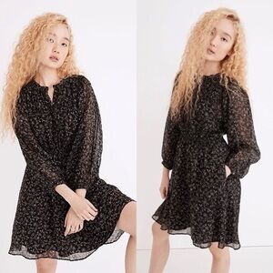 Madewell black floral dress featuring romantic puff sleeves and cottage core day